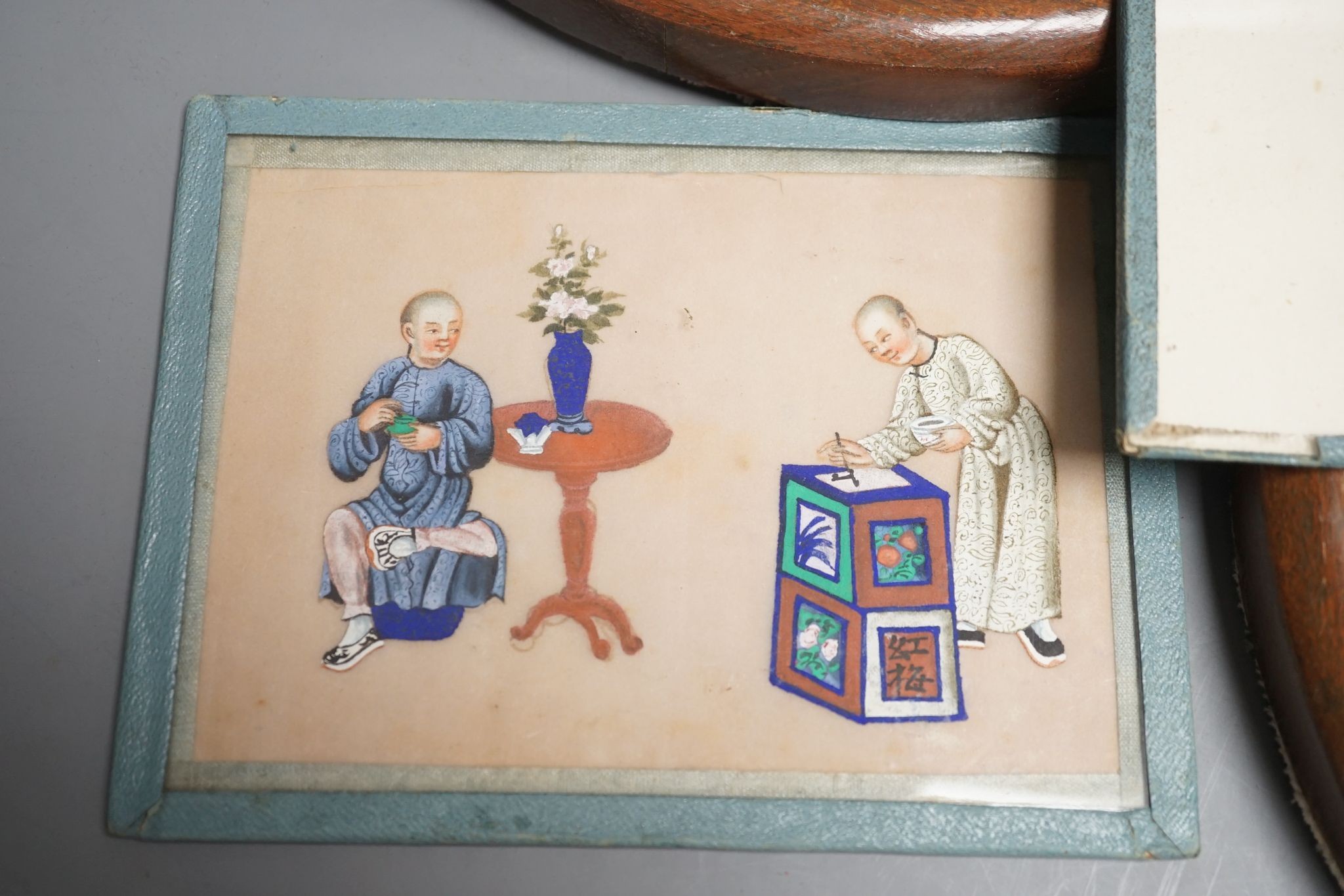 A group of Chinese pith paintings of court figures, production etc. and a pair of Chinese enamelled porcelain plates